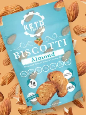 Keto Factory almond biscotti made with almond flour and coconut flour, gluten-free, low-carb, organic snack