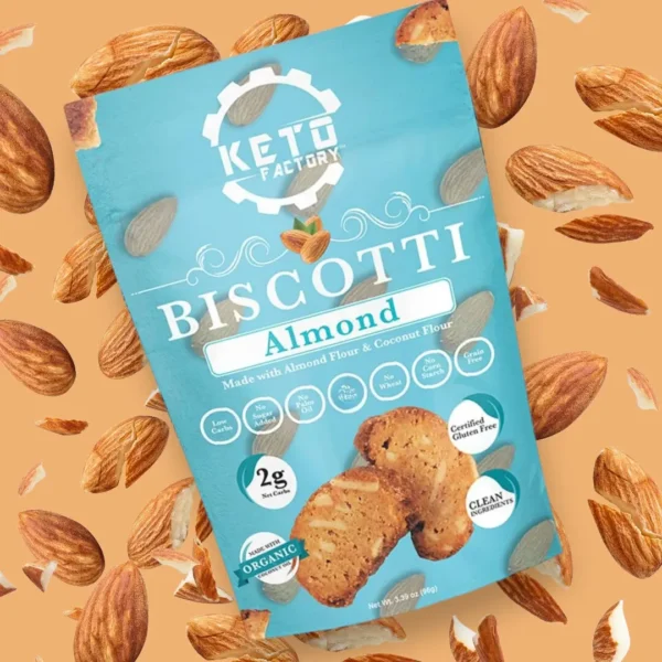 Keto Factory almond biscotti made with almond flour and coconut flour, gluten-free, low-carb, organic snack