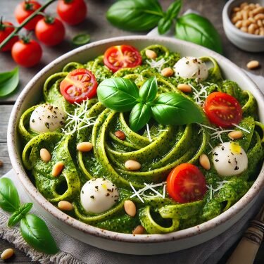 Keto Pesto Konjac Fettuccine topped with cherry tomatoes, mozzarella balls, and fresh basil served in a white bowl on a wooden table.