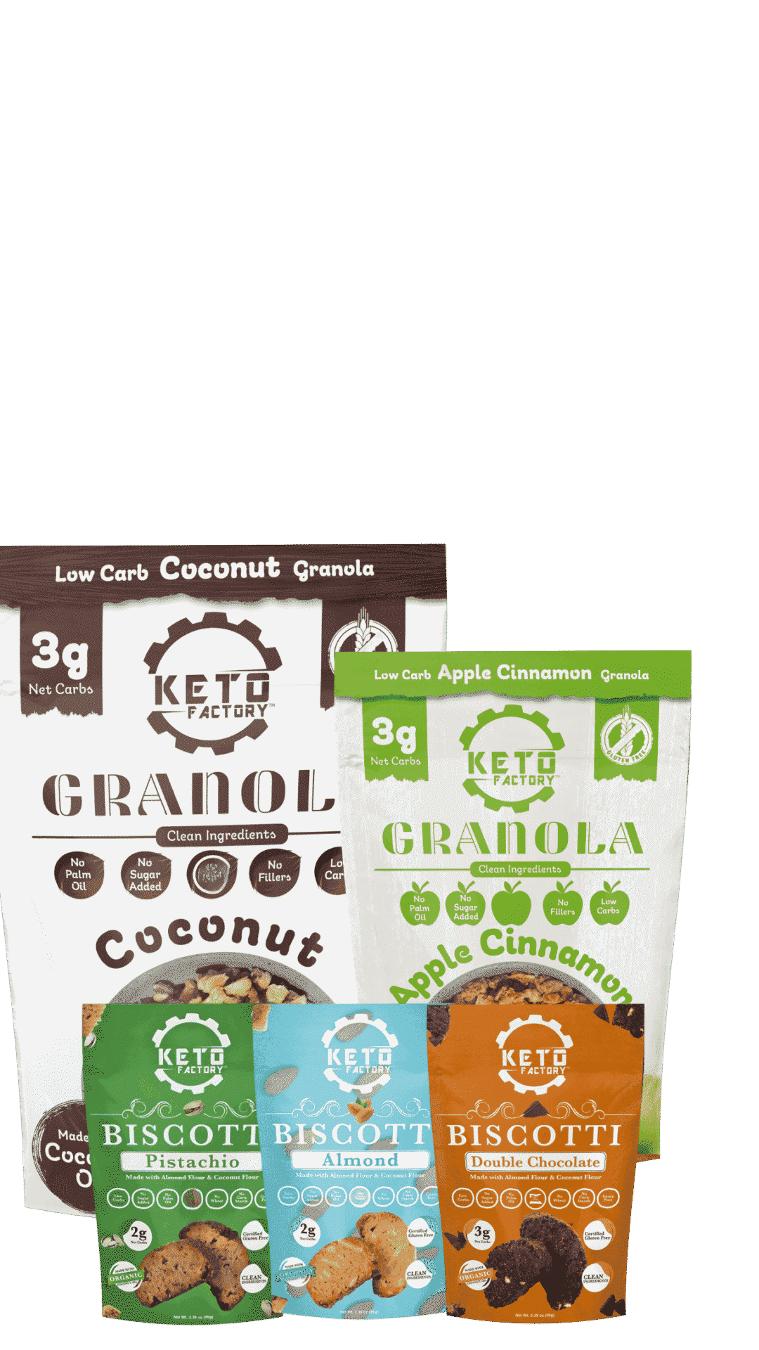 A selection of Keto Factory’s low-carb snacks, including coconut and apple cinnamon granola, along with biscotti in pistachio, almond, and double chocolate flavor