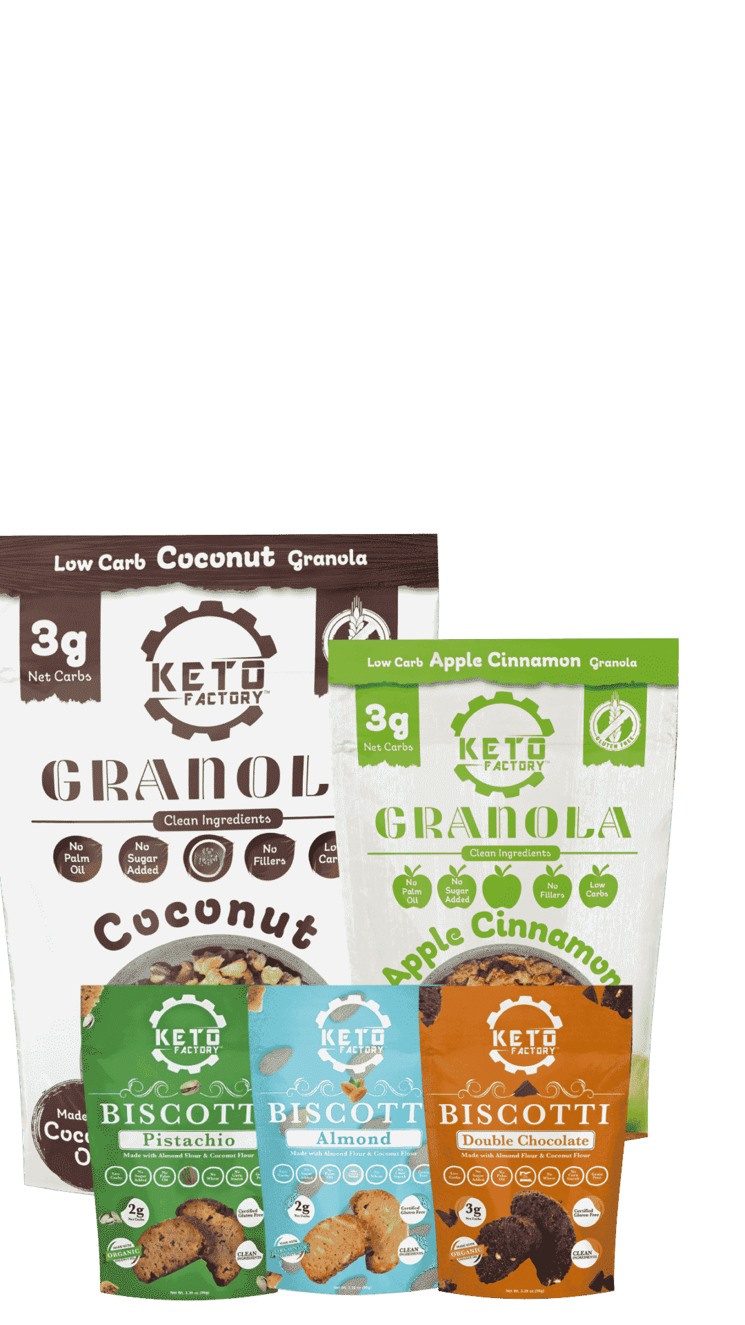 A selection of Keto Factory’s low-carb snacks, including coconut and apple cinnamon granola, along with biscotti in pistachio, almond, and double chocolate flavor