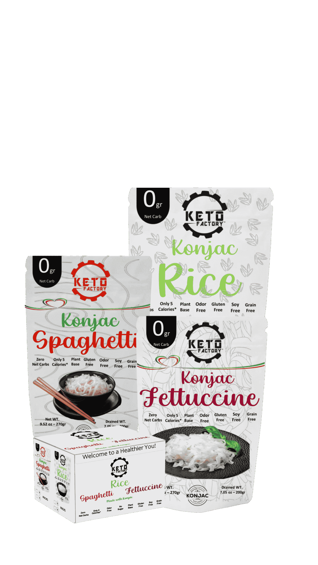 Three Keto Factory konjac products, including spaghetti, rice, and fettuccine, designed for low-calorie, zero-net-carb meals.