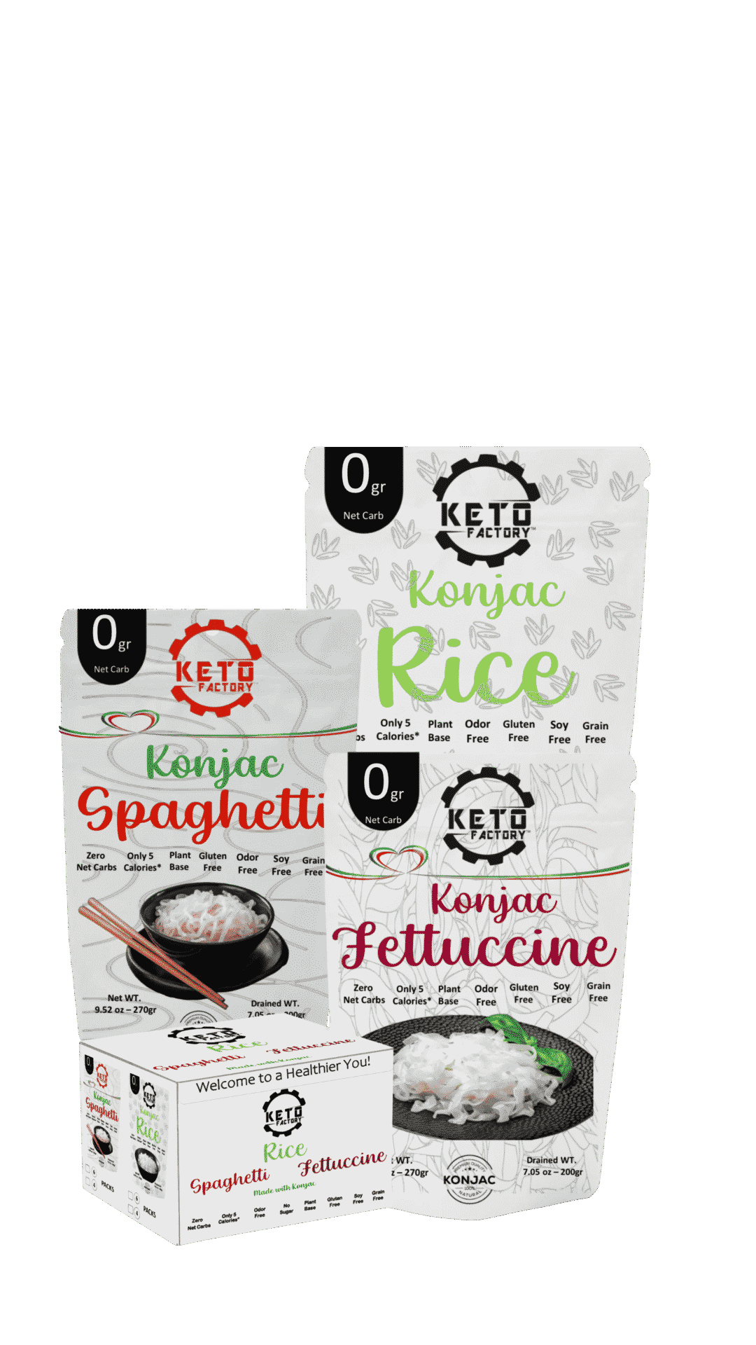 Three Keto Factory konjac products, including spaghetti, rice, and fettuccine, designed for low-calorie, zero-net-carb meals.