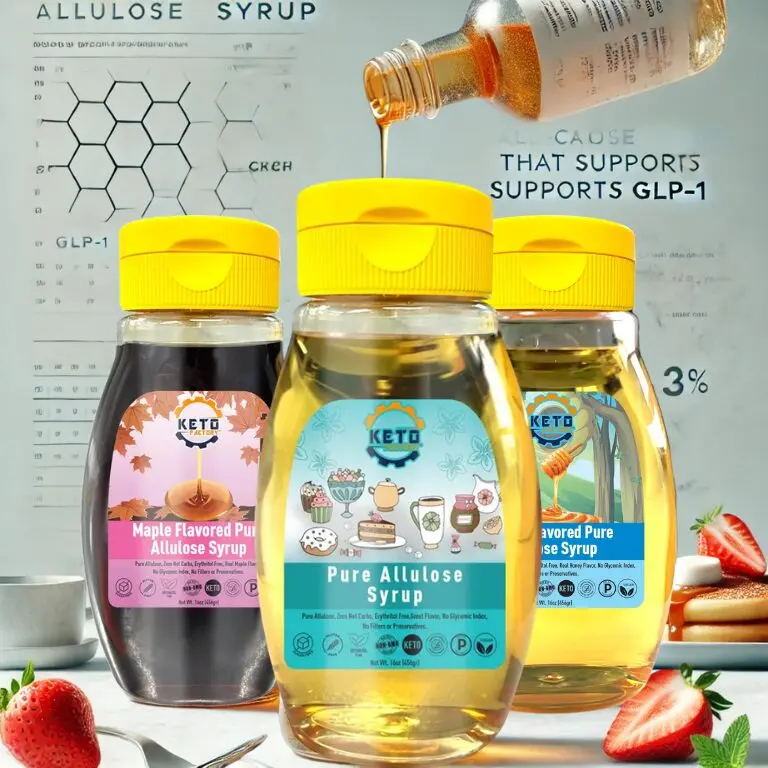 Three Keto Factory Allulose Syrup bottles in Maple, Honey, and Pure flavors on a marble countertop with fresh strawberries and a syrup drizzle. Background shows GLP-1 hormone benefits chart. Text overlay reads: 'Allulose Syrup: A Sweetener That Supports GLP-1'.